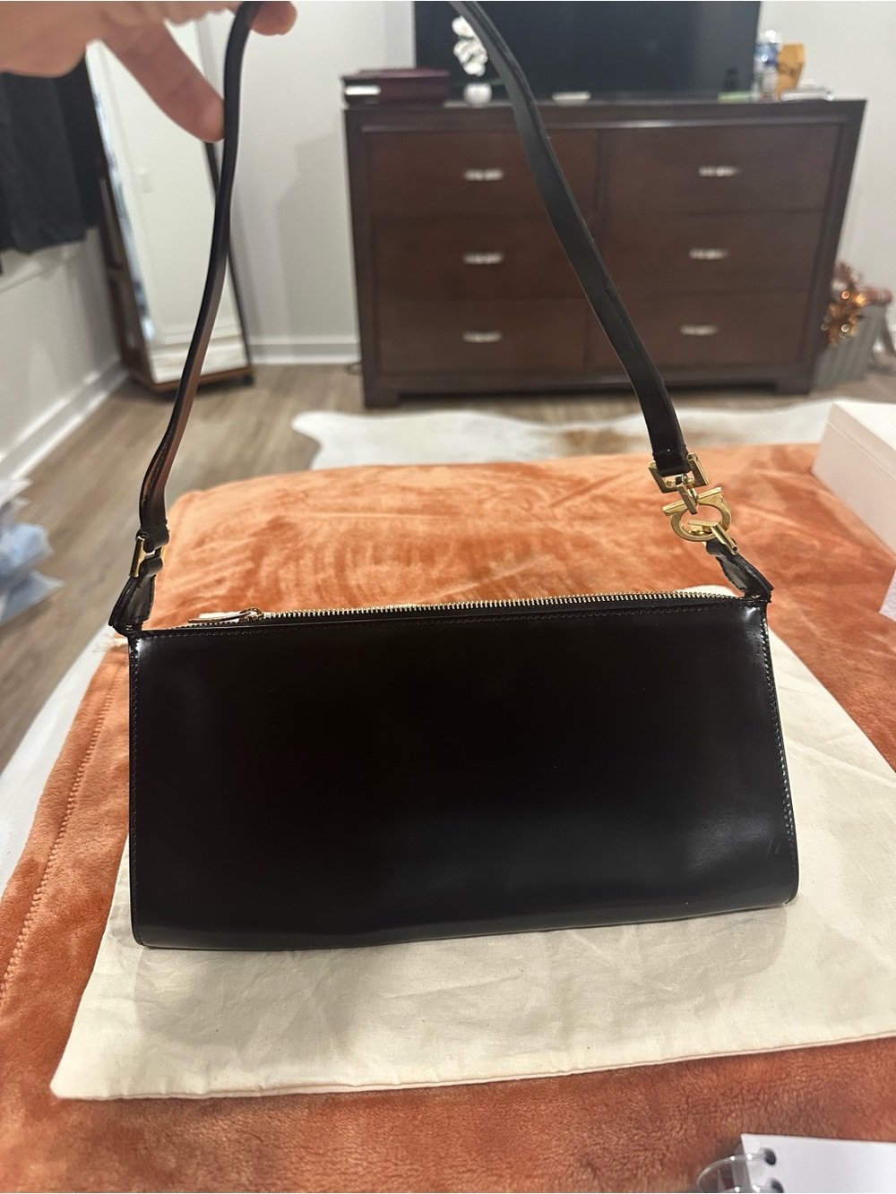 Salvatore Ferragamo Black Leather Shoulder Bag with Gold-Tone Hardware